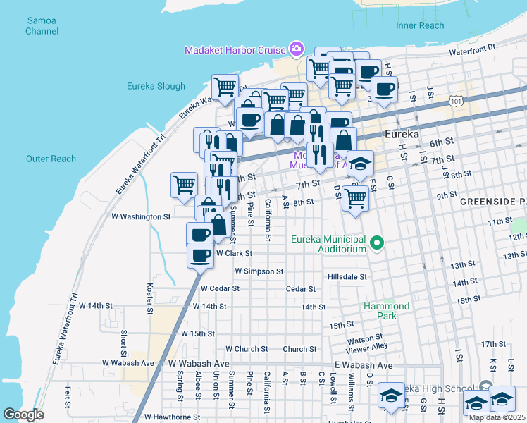 map of restaurants, bars, coffee shops, grocery stores, and more near 815 California Street in Eureka