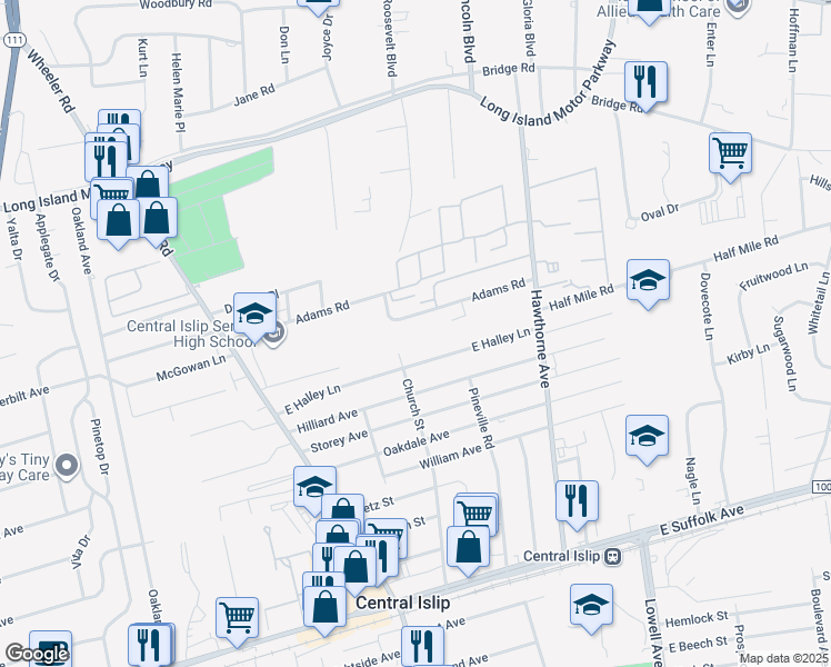 map of restaurants, bars, coffee shops, grocery stores, and more near 46 Adams Road in Central Islip