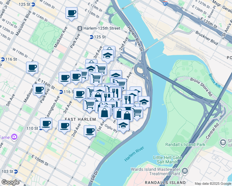 map of restaurants, bars, coffee shops, grocery stores, and more near 2351 1st Avenue in New York