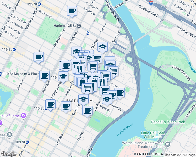 map of restaurants, bars, coffee shops, grocery stores, and more near 2306 2nd Avenue in New York