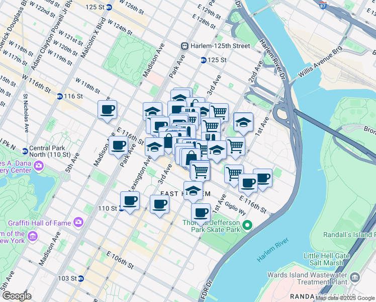 map of restaurants, bars, coffee shops, grocery stores, and more near 226 East 118th Street in New York