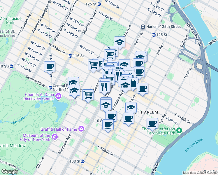 map of restaurants, bars, coffee shops, grocery stores, and more near 1607 Park Avenue in New York