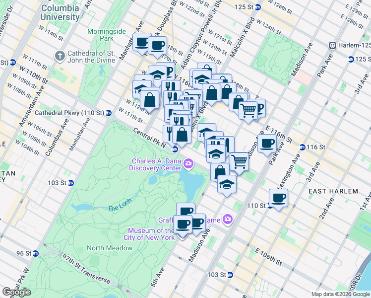 map of restaurants, bars, coffee shops, grocery stores, and more near 52 West 111th Street in New York