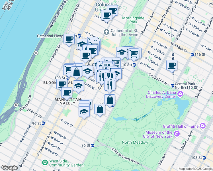 map of restaurants, bars, coffee shops, grocery stores, and more near 143-147 West 106th Street in New York