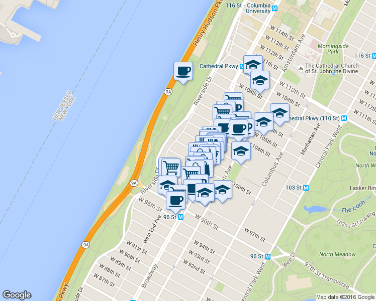 map of restaurants, bars, coffee shops, grocery stores, and more near 845 West End Avenue in New York