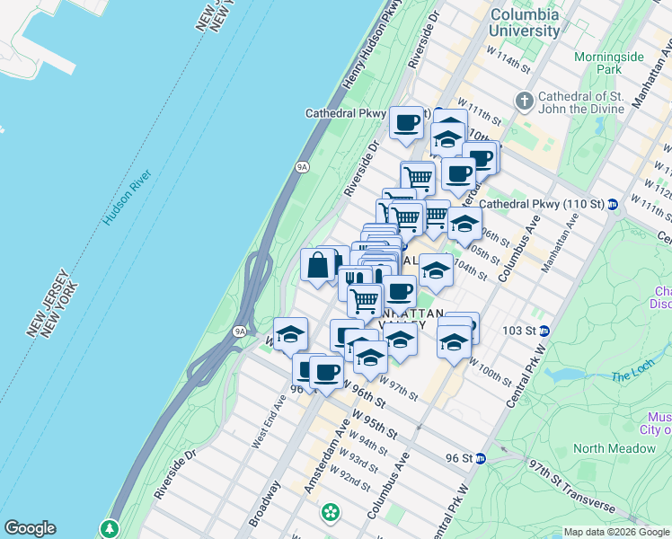 map of restaurants, bars, coffee shops, grocery stores, and more near 845 West End Avenue in New York