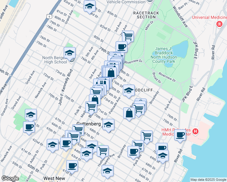 map of restaurants, bars, coffee shops, grocery stores, and more near 432 74th Street in North Bergen