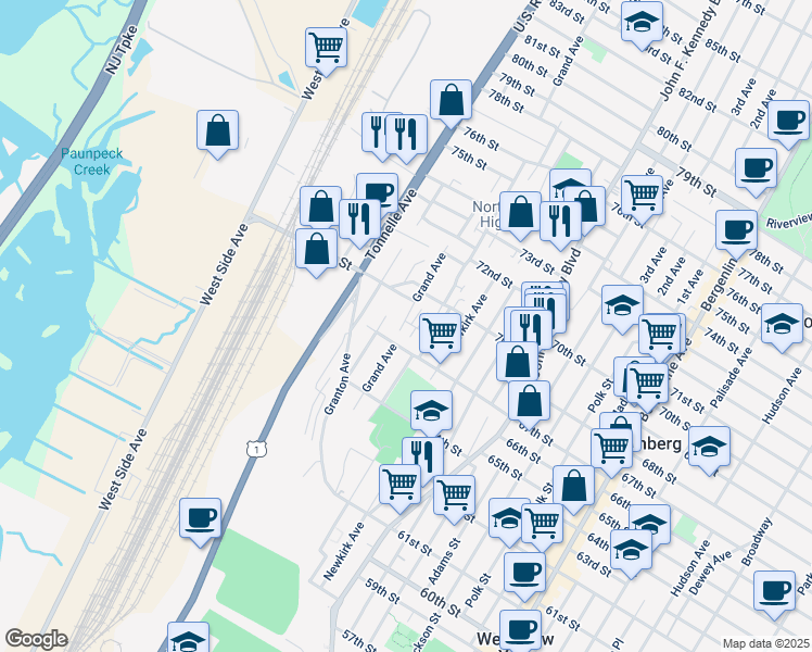 map of restaurants, bars, coffee shops, grocery stores, and more near 1461A 68th Street in North Bergen
