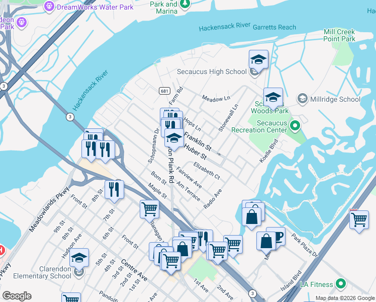 map of restaurants, bars, coffee shops, grocery stores, and more near 171 Huber Street in Secaucus