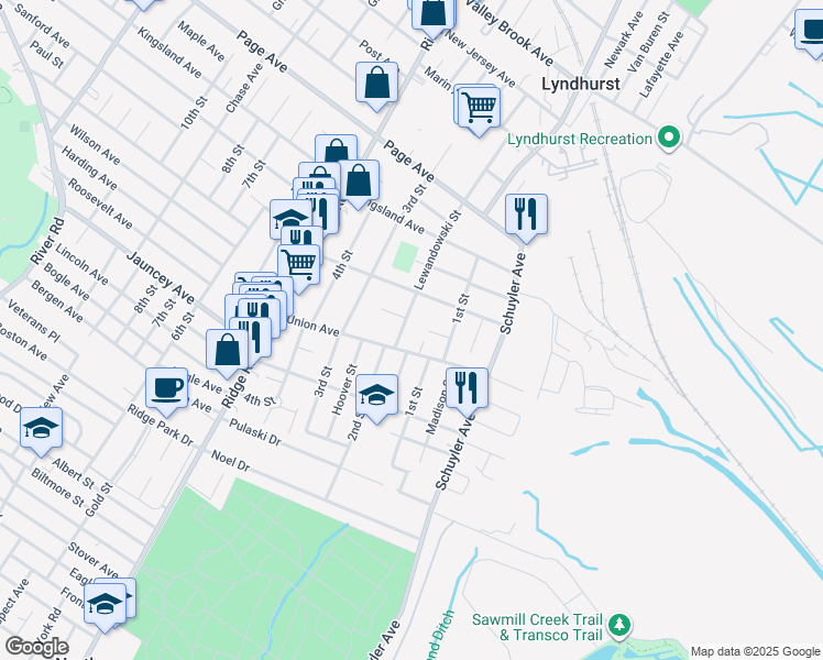 map of restaurants, bars, coffee shops, grocery stores, and more near 729 Lewandowski Street in Lyndhurst