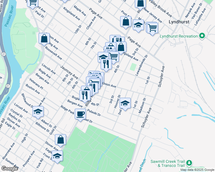 map of restaurants, bars, coffee shops, grocery stores, and more near 69 Union Avenue in North Arlington