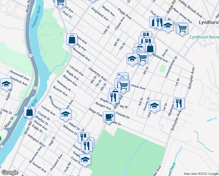map of restaurants, bars, coffee shops, grocery stores, and more near 18 Brandenburg Place in North Arlington