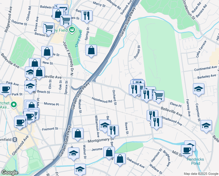 map of restaurants, bars, coffee shops, grocery stores, and more near 151 Orchard Street in Bloomfield