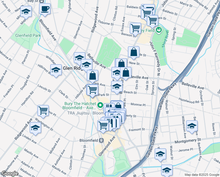 map of restaurants, bars, coffee shops, grocery stores, and more near 38 Park Avenue in Bloomfield