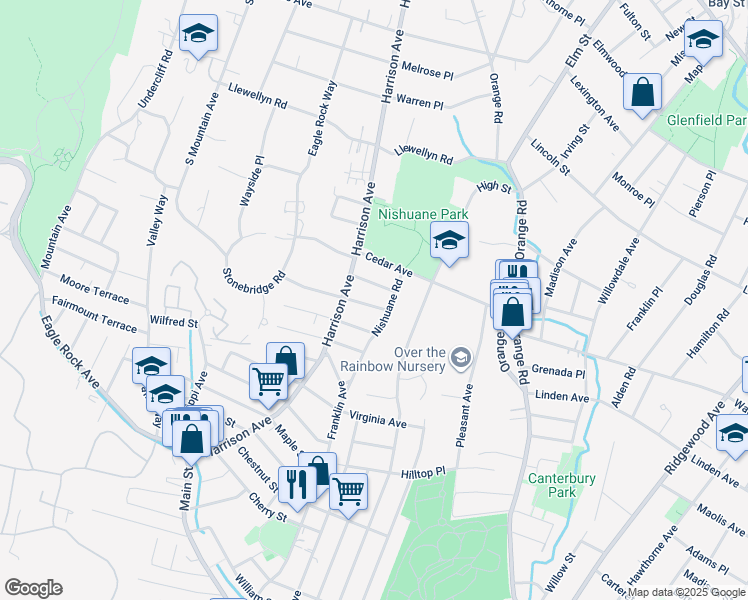map of restaurants, bars, coffee shops, grocery stores, and more near 17 Nishuane Road in Montclair