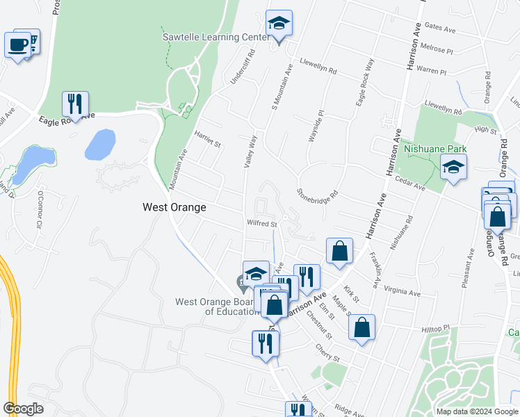 map of restaurants, bars, coffee shops, grocery stores, and more near 45 Wilfred Street in West Orange