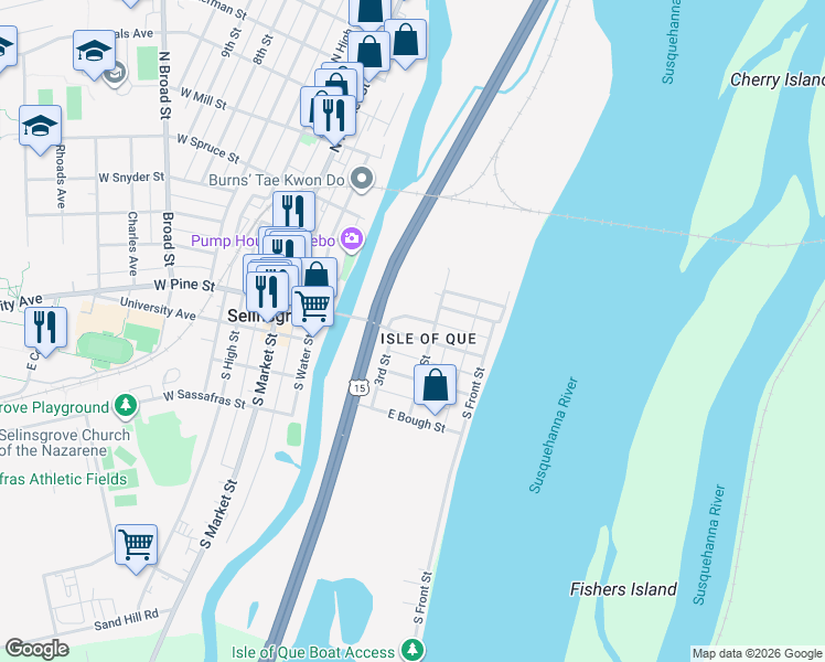map of restaurants, bars, coffee shops, grocery stores, and more near 212 East Pine Street in Selinsgrove