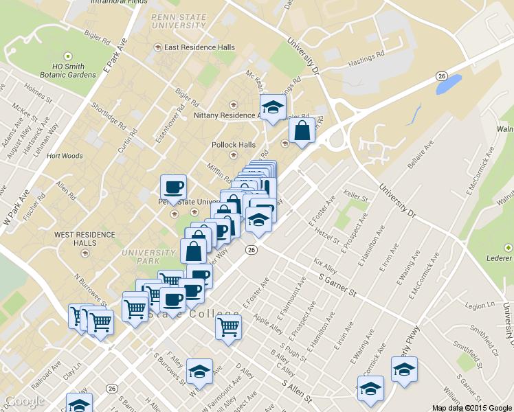 map of restaurants, bars, coffee shops, grocery stores, and more near 442 East College Avenue in State College