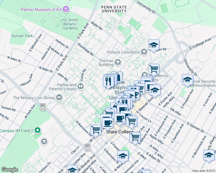 map of restaurants, bars, coffee shops, grocery stores, and more near 16802 Pollock Road in State College