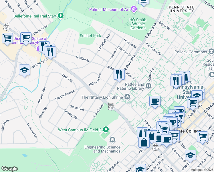map of restaurants, bars, coffee shops, grocery stores, and more near 524 Burrowes Road in State College