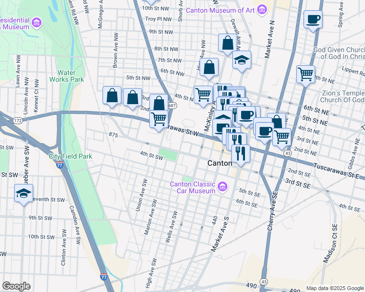 map of restaurants, bars, coffee shops, grocery stores, and more near 209 High Avenue Southwest in Canton