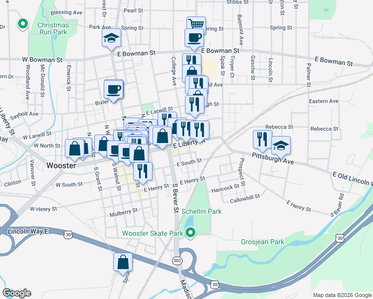 map of restaurants, bars, coffee shops, grocery stores, and more near 427 East Liberty Street in Wooster