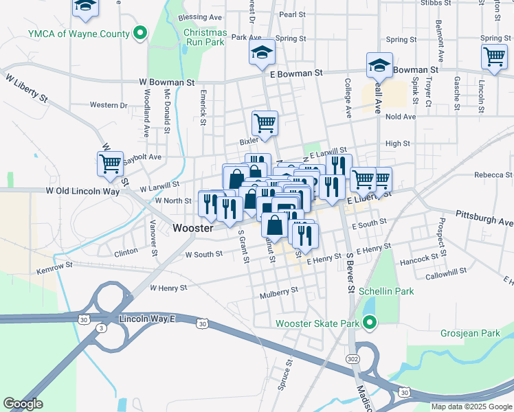 map of restaurants, bars, coffee shops, grocery stores, and more near 124 North Walnut Street in Wooster