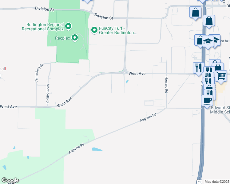 map of restaurants, bars, coffee shops, grocery stores, and more near 4051 West Avenue in West Burlington