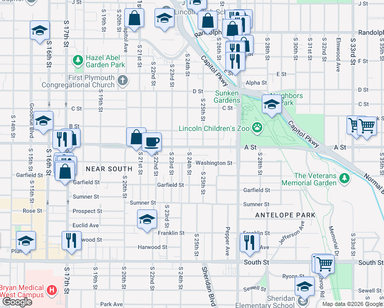 map of restaurants, bars, coffee shops, grocery stores, and more near 2335 A Street in Lincoln