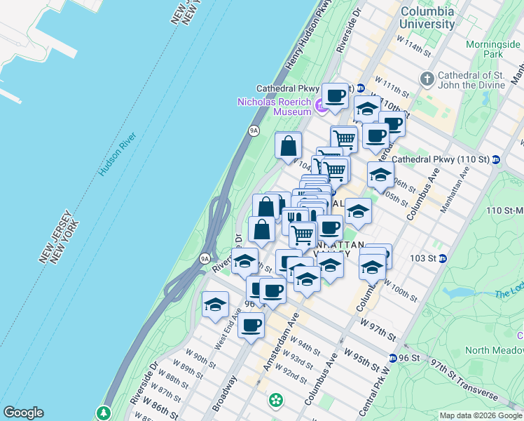 map of restaurants, bars, coffee shops, grocery stores, and more near 325 West 100th Street in New York
