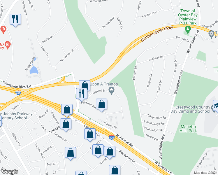 map of restaurants, bars, coffee shops, grocery stores, and more near 100 Dupont Street in Plainview
