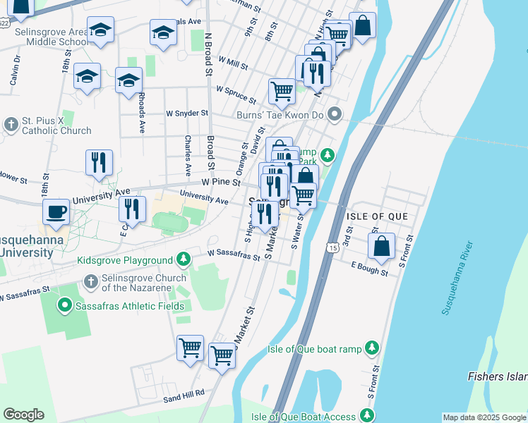 map of restaurants, bars, coffee shops, grocery stores, and more near 9 University Avenue in Selinsgrove