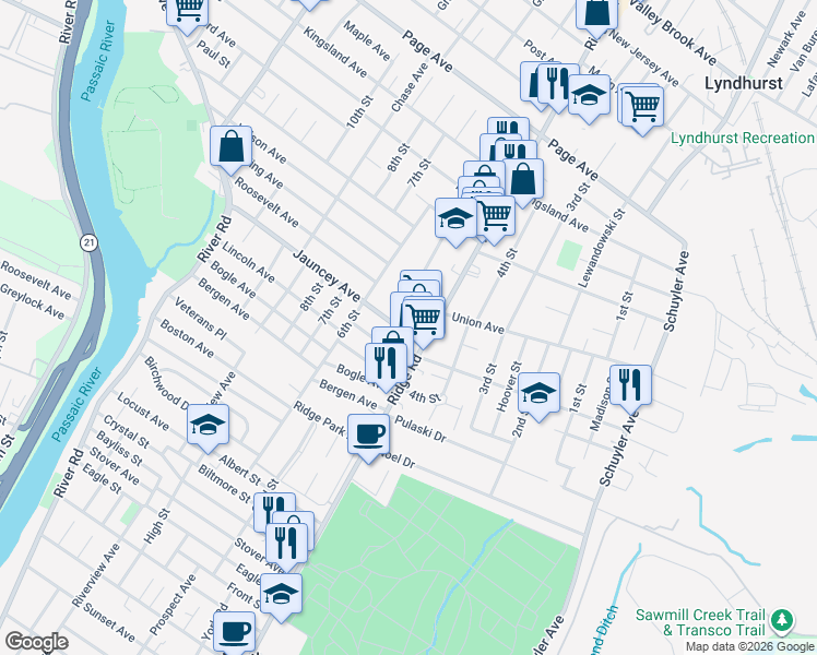 map of restaurants, bars, coffee shops, grocery stores, and more near 541 Jauncey Avenue in North Arlington
