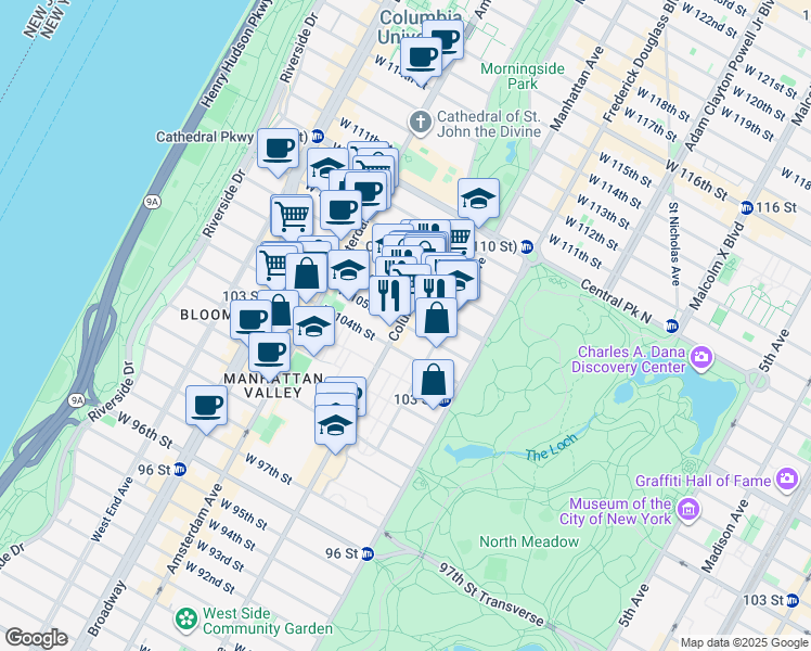 map of restaurants, bars, coffee shops, grocery stores, and more near 87 West 105th Street in New York