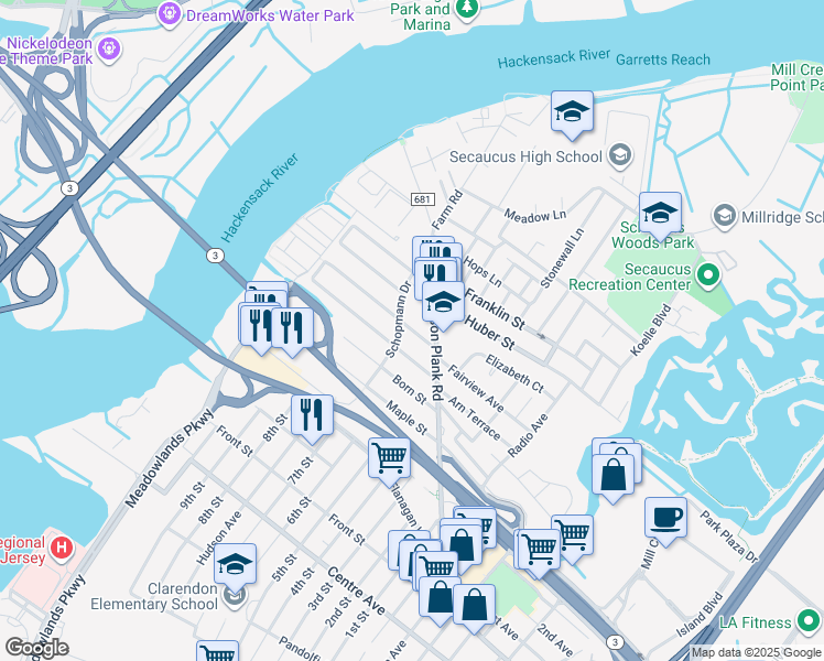 map of restaurants, bars, coffee shops, grocery stores, and more near 241 Hagan Place in Secaucus