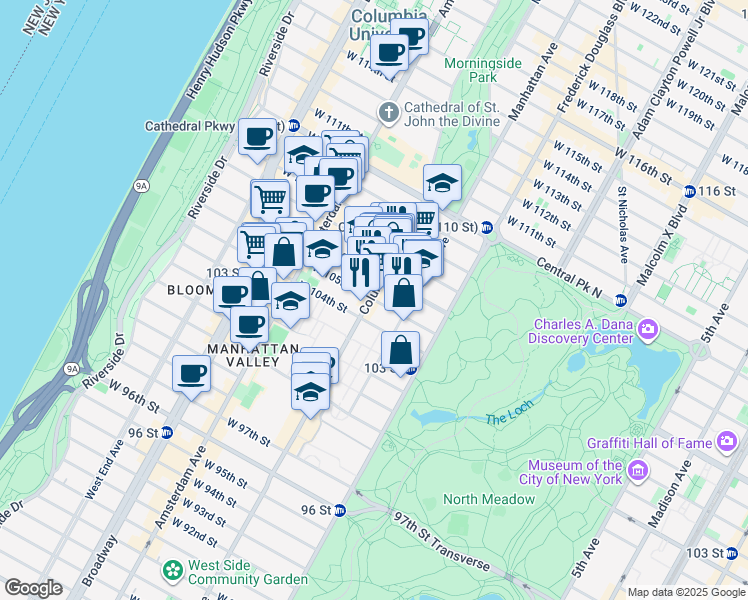 map of restaurants, bars, coffee shops, grocery stores, and more near 89 West 105th Street in New York