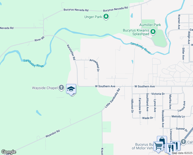 map of restaurants, bars, coffee shops, grocery stores, and more near 875 Arrowhead Drive in Bucyrus