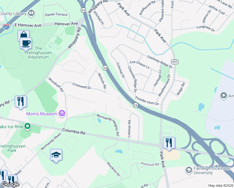 map of restaurants, bars, coffee shops, grocery stores, and more near 34 Wyndmoor Drive in Morristown