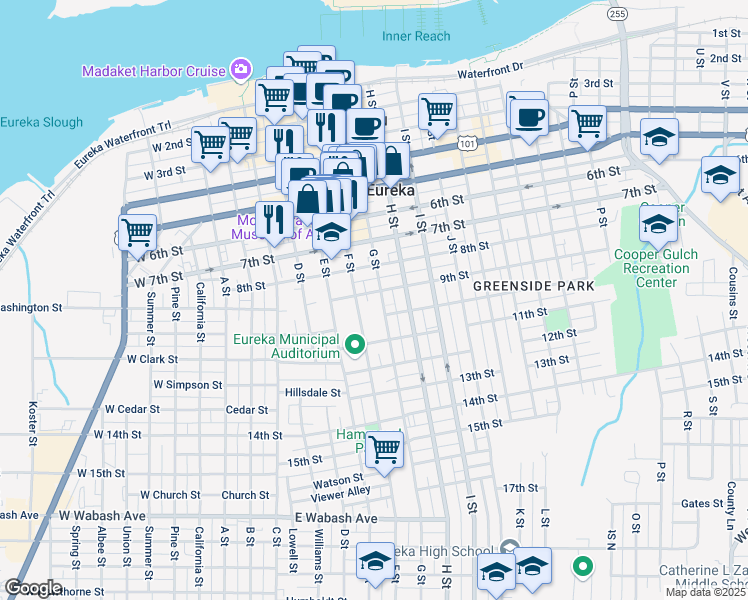 map of restaurants, bars, coffee shops, grocery stores, and more near 904 G Street in Eureka