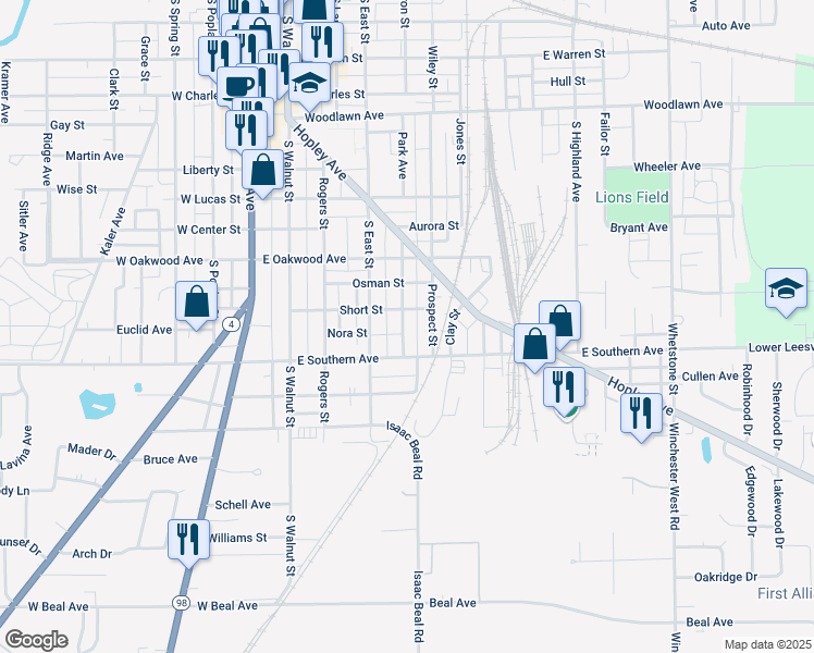 map of restaurants, bars, coffee shops, grocery stores, and more near 912 Faustina Avenue in Bucyrus