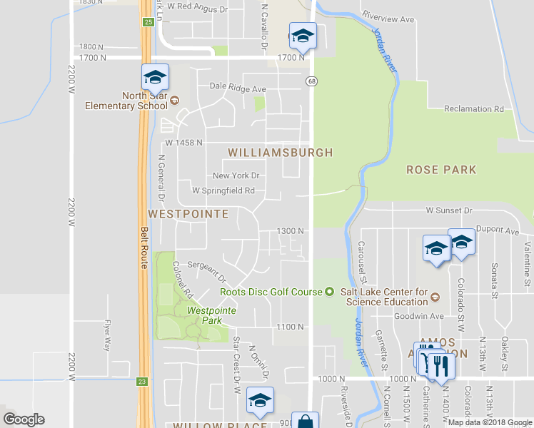 map of restaurants, bars, coffee shops, grocery stores, and more near 1780 West 1300 North in Salt Lake City
