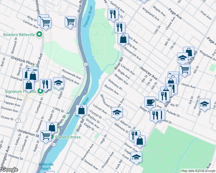 map of restaurants, bars, coffee shops, grocery stores, and more near 210 Boston Avenue in North Arlington