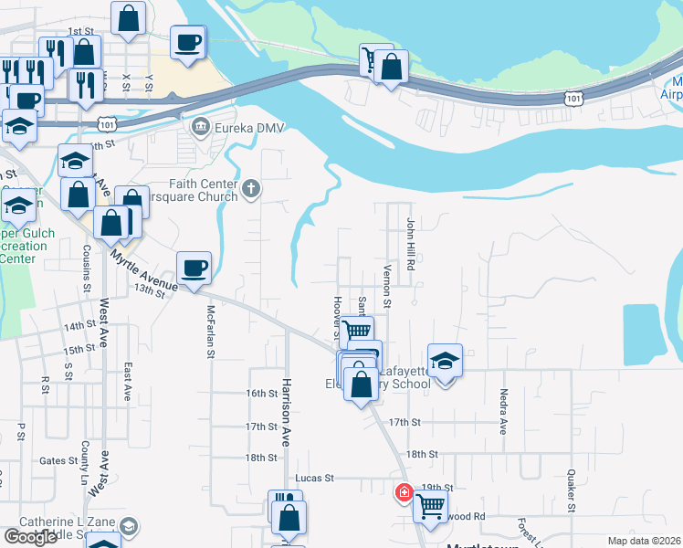 map of restaurants, bars, coffee shops, grocery stores, and more near 1235 Hoover Street in Eureka