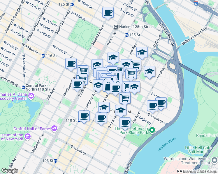 map of restaurants, bars, coffee shops, grocery stores, and more near in New York