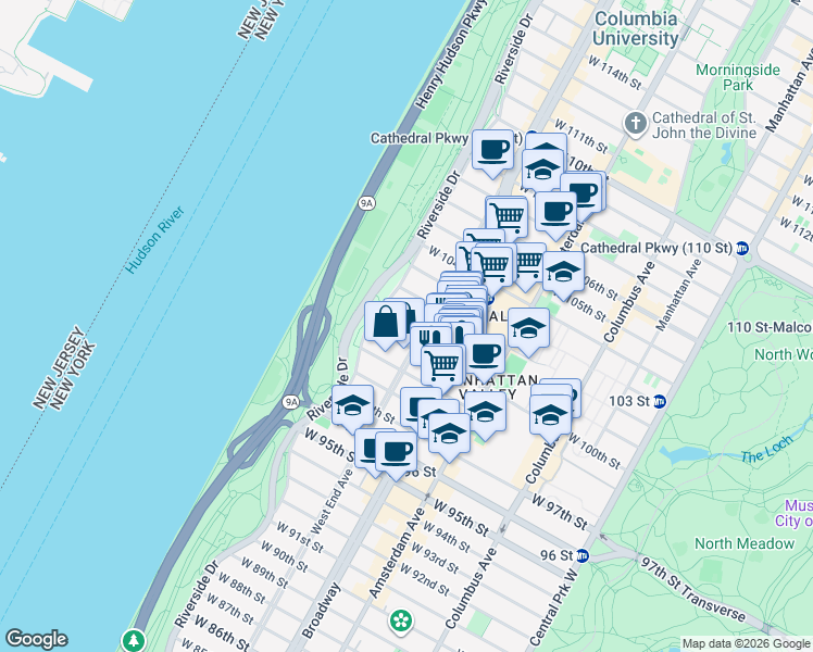 map of restaurants, bars, coffee shops, grocery stores, and more near 845 West End Avenue in New York