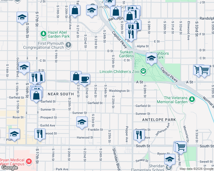map of restaurants, bars, coffee shops, grocery stores, and more near 2335 A Street in Lincoln