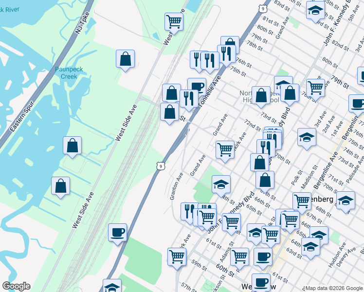 map of restaurants, bars, coffee shops, grocery stores, and more near 6601 Granton Avenue in North Bergen