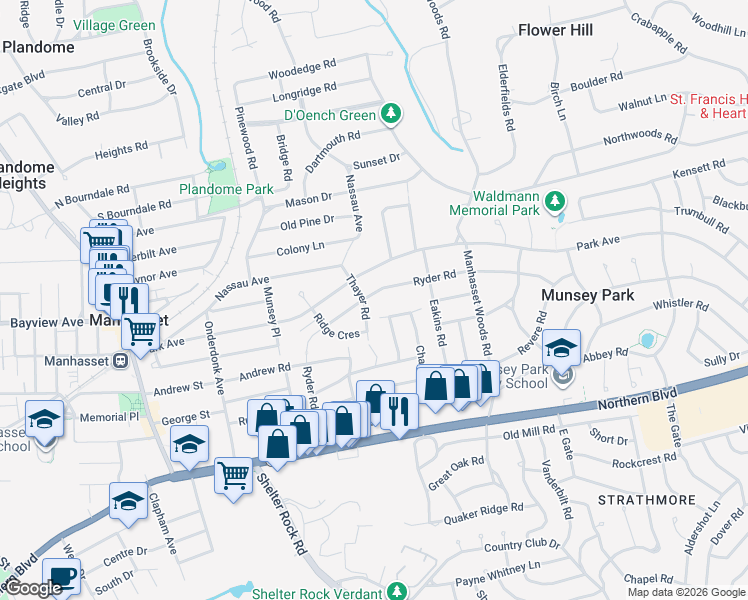 map of restaurants, bars, coffee shops, grocery stores, and more near 228 Ryder Road in Manhasset