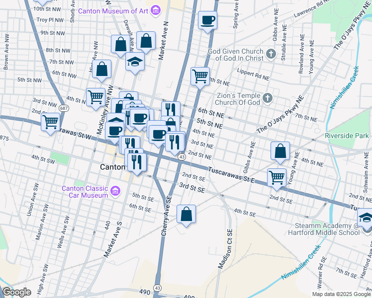 map of restaurants, bars, coffee shops, grocery stores, and more near 220 Cherry Avenue Southeast in Canton