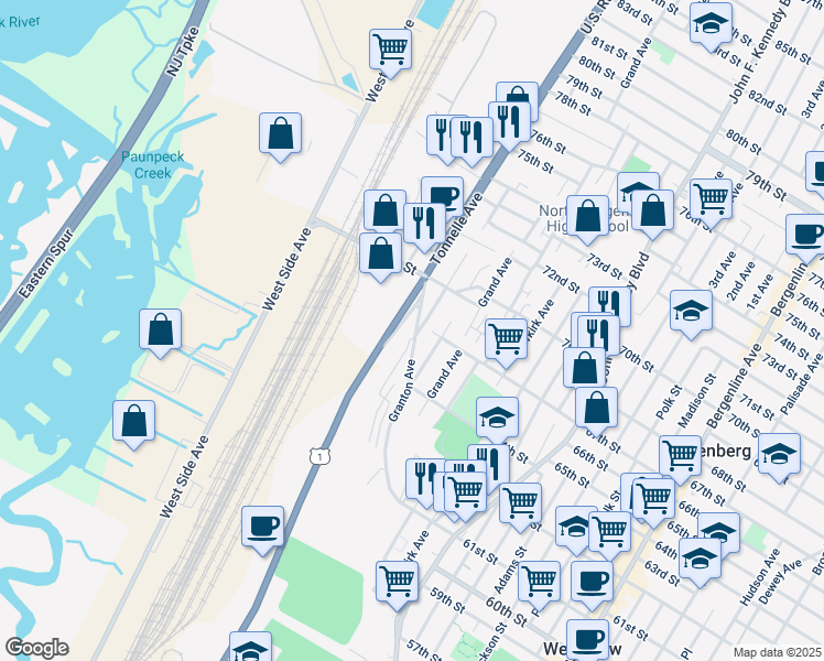 map of restaurants, bars, coffee shops, grocery stores, and more near 6601 Granton Avenue in North Bergen